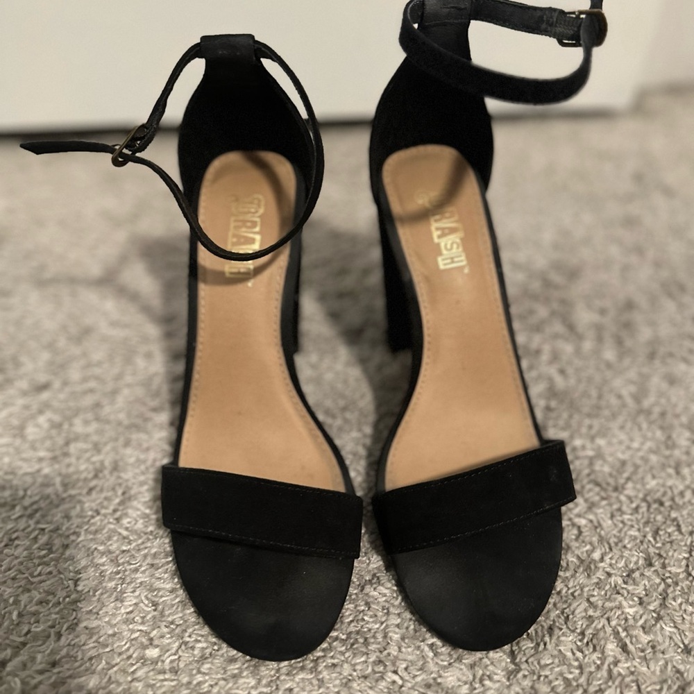 Brash Black Suede Ankle Strap Heels
